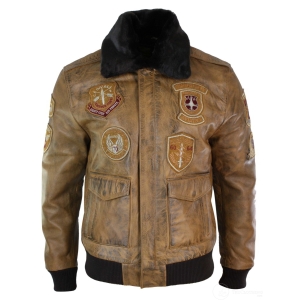 Mens Aviator Flying Pilot Bomber Jacket Vintage Tan Removable Black Fur Collar-Brown