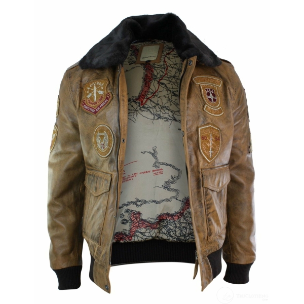 Mens Aviator Flying Pilot Bomber Jacket Vintage Tan Removable Black Fur Collar-Brown