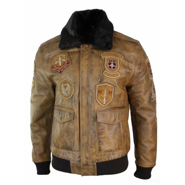 Mens Aviator Flying Pilot Bomber Jacket Vintage Tan Removable Black Fur Collar-Brown