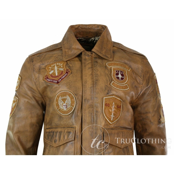 Mens Aviator Flying Pilot Bomber Jacket Vintage Tan Removable Black Fur Collar-Brown