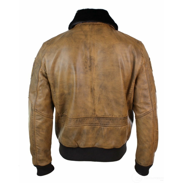 Mens Aviator Flying Pilot Bomber Jacket Vintage Tan Removable Black Fur Collar-Brown