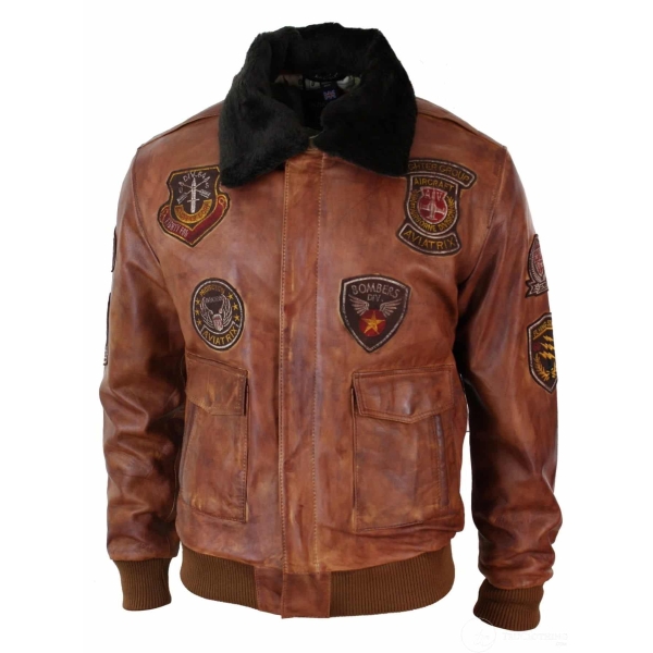 Mens Aviator Flying Pilot Bomber Jacket Vintage Tan Removable Black Fur Collar-Nevada Timber