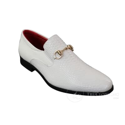 Patron 80058 - Mens White Black Patent Shiny Slip On PU Snake Crocodile Leather Shoes Gold Buckle