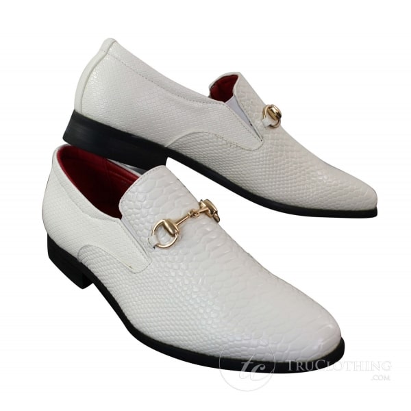 Patron 80058 - Mens White Black Patent Shiny Slip On PU Snake Crocodile Leather Shoes Gold Buckle