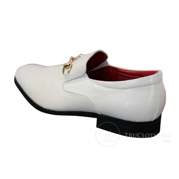 Patron 80058 - Mens White Black Patent Shiny Slip On PU Snake Crocodile Leather Shoes Gold Buckle