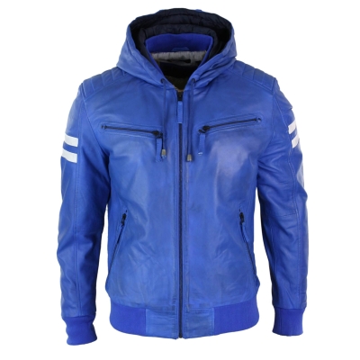 Men's Realy Leather Bomber Jacket with Hood-Blue