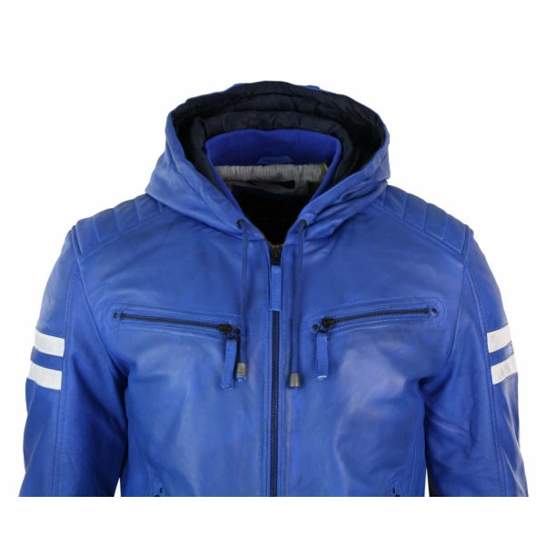 Men's Realy Leather Bomber Jacket with Hood-Blue