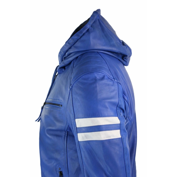 Men's Realy Leather Bomber Jacket with Hood-Blue