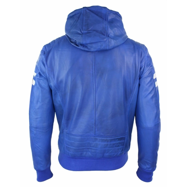 Men's Realy Leather Bomber Jacket with Hood-Blue