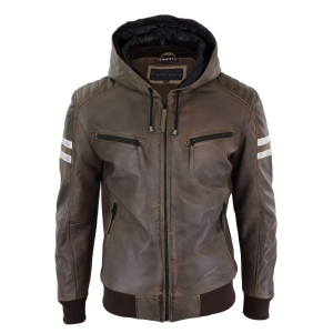 Men’s Real Leather Bomber Jacket with Hood-Brown