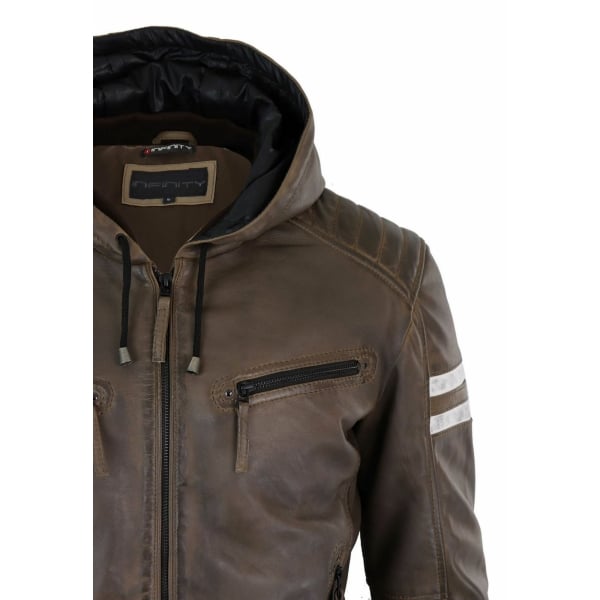 Men's Real Leather Bomber Jacket with Hood-Brown