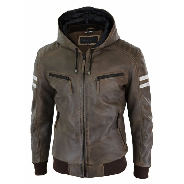 Men's Real Leather Bomber Jacket with Hood-Brown