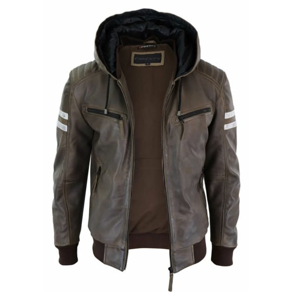 Men's Real Leather Bomber Jacket with Hood-Brown