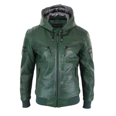 Men's Real Leather Bomber Jacket with Hood-Green