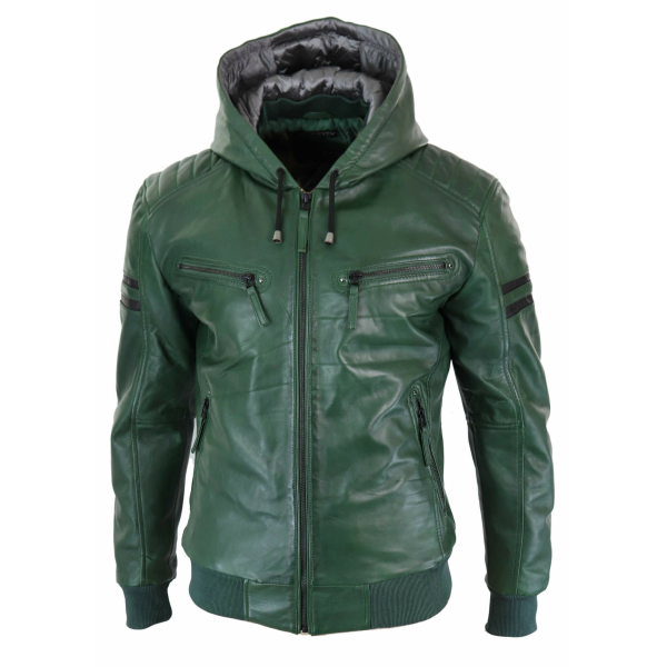 Men's Real Leather Bomber Jacket with Hood-Green