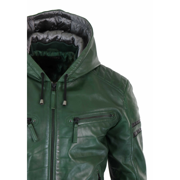 Men's Real Leather Bomber Jacket with Hood-Green