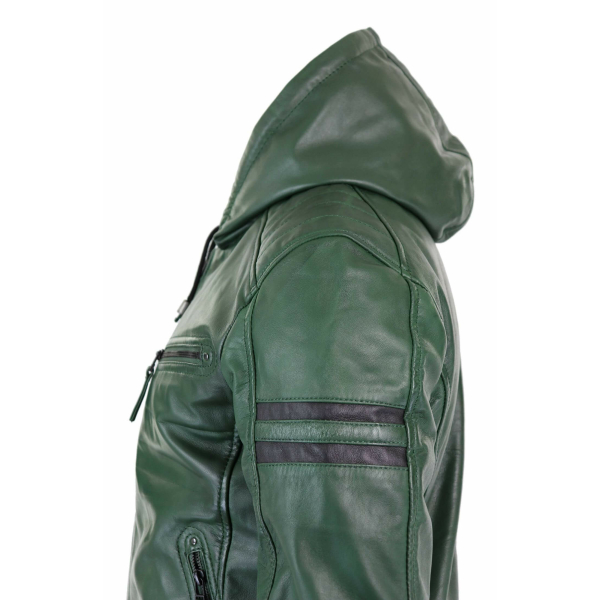 Men's Real Leather Bomber Jacket with Hood-Green