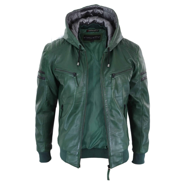 Men's Real Leather Bomber Jacket with Hood-Green