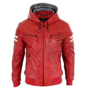 Men’s Real Leather Bomber Jacket with Hood-Red