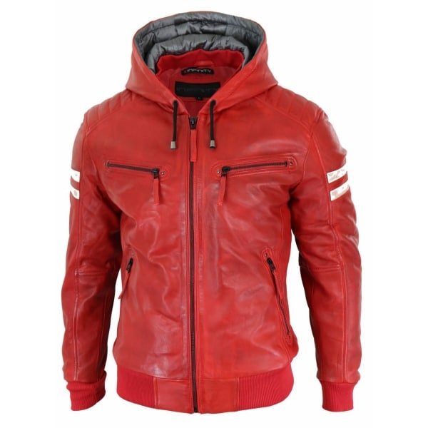 Men's Real Leather Bomber Jacket with Hood-Red