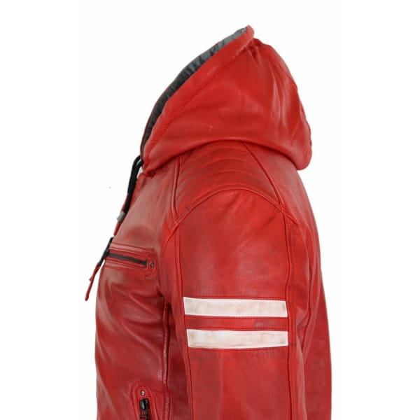 Men's Real Leather Bomber Jacket with Hood-Red