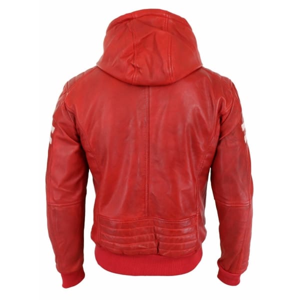 Men's Real Leather Bomber Jacket with Hood-Red