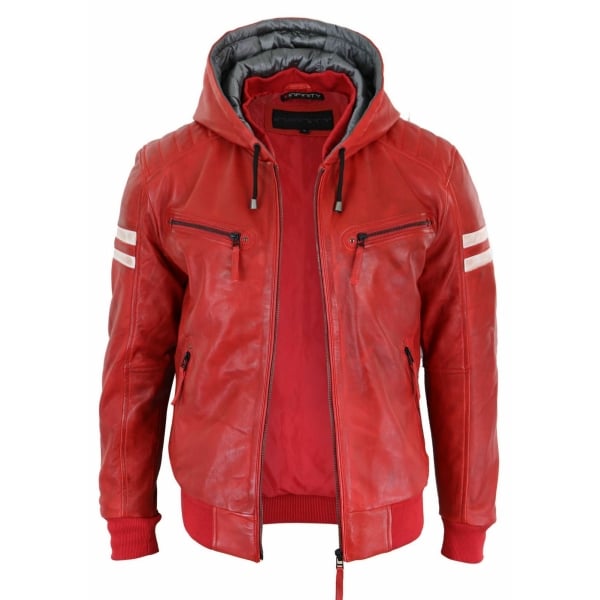 Men's Real Leather Bomber Jacket with Hood-Red