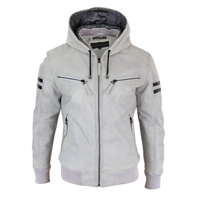 Men's Real Leather Bomber Jacket with Hood-White