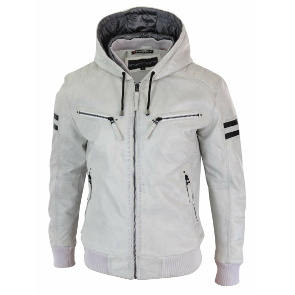 Men's Real Leather Bomber Jacket with Hood-White