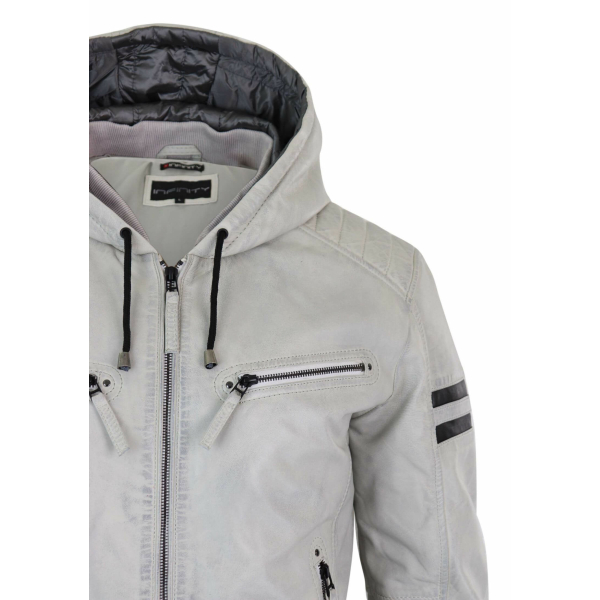 Men's Real Leather Bomber Jacket with Hood-White