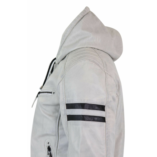 Men's Real Leather Bomber Jacket with Hood-White