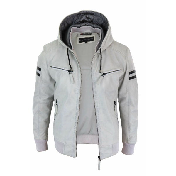 Men's Real Leather Bomber Jacket with Hood-White