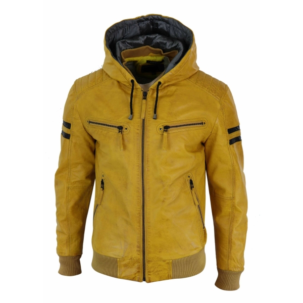 Men's Real Leather Bomber Jacket with Hood-Yellow