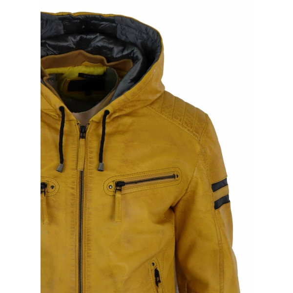 Men's Real Leather Bomber Jacket with Hood-Yellow