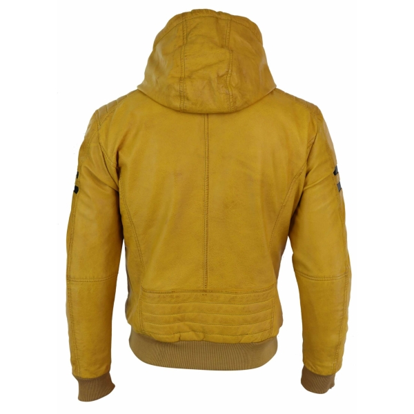 Men's Real Leather Bomber Jacket with Hood-Yellow