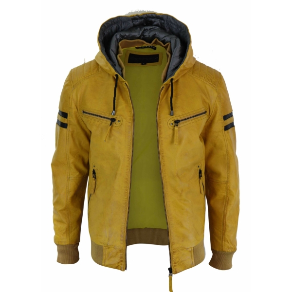 Men's Real Leather Bomber Jacket with Hood-Yellow