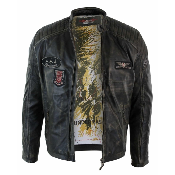 Real Leather Washed Biker Airforce Jacket Distressed Casual Fit Retro Vintage for Men