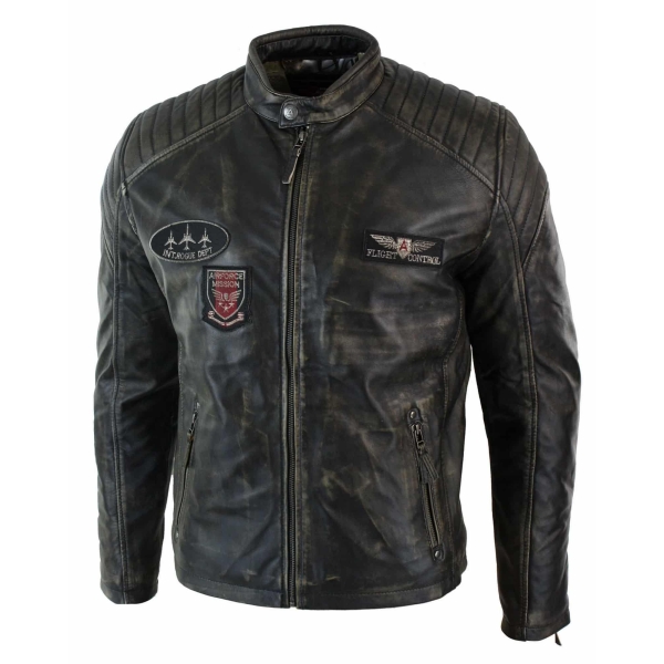 Real Leather Washed Biker Airforce Jacket Distressed Casual Fit Retro Vintage for Men