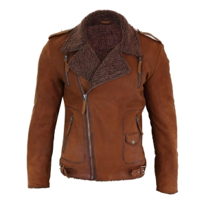 Real Leather Men’s Cross-Zip Biker Jacket, Fleece Lined-Tan