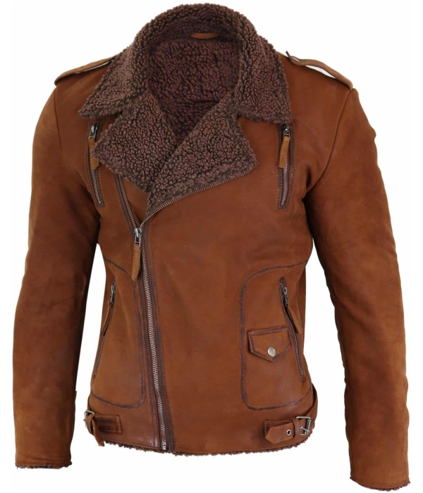 Real Leather Men's Cross-Zip Biker Jacket, Fleece Lined-Tan