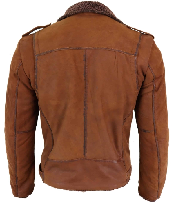 Real Leather Men's Cross-Zip Biker Jacket, Fleece Lined-Tan