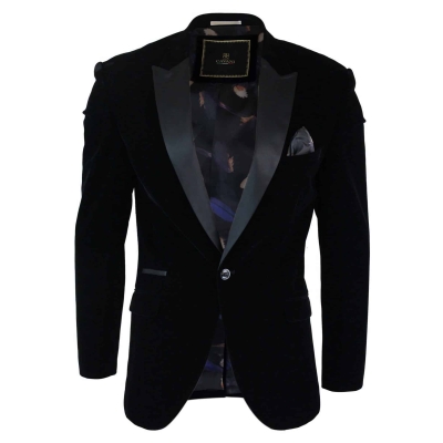 Cavani Rosa - Mens Soft Velvet Black Navy 1 Button Dinner Jacket Tuxedo Blazer Smart Casual Fit-Black