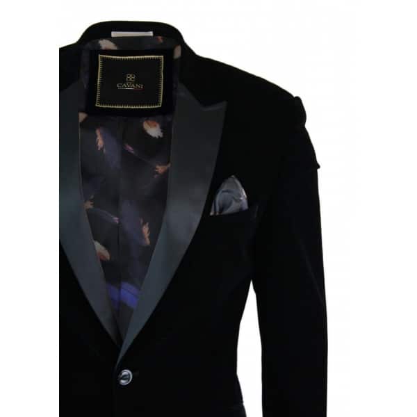 Cavani Rosa - Mens Soft Velvet Black Navy 1 Button Dinner Jacket Tuxedo Blazer Smart Casual Fit-Black