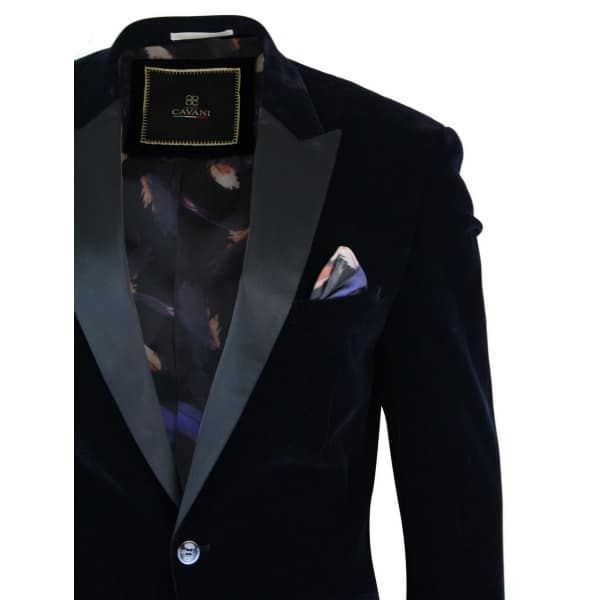 Cavani Rosa - Mens Soft Velvet Black Navy 1 Button Dinner Jacket Tuxedo Blazer Smart Casual Fit-Navy