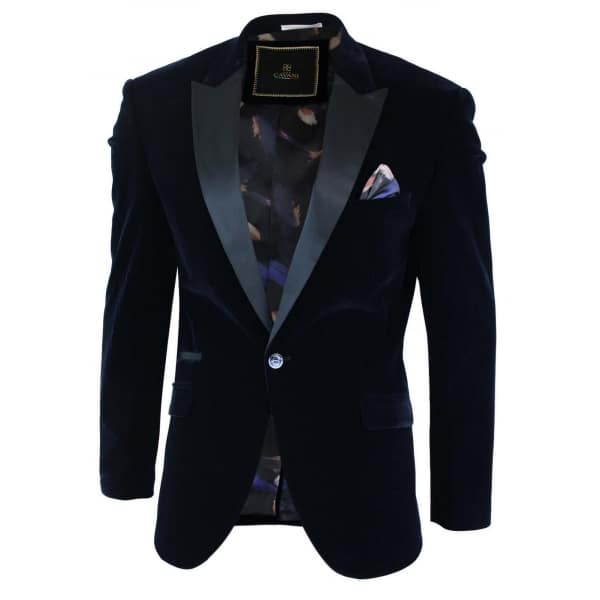 Cavani Rosa - Mens Soft Velvet Black Navy 1 Button Dinner Jacket Tuxedo Blazer Smart Casual Fit-Navy