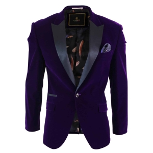 Cavani Rosa – Mens Soft Velvet Black Navy 1 Button Dinner Jacket Tuxedo Blazer Smart Casual Fit-Purple