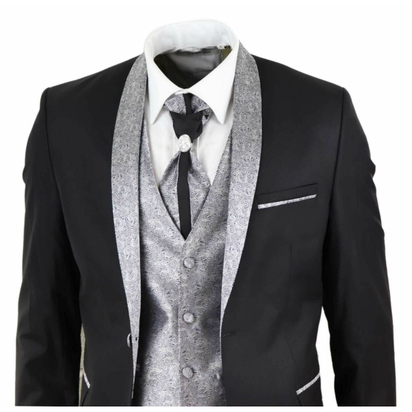 Mens 4 Piece Shawl Lapel Suit - Black/Silver