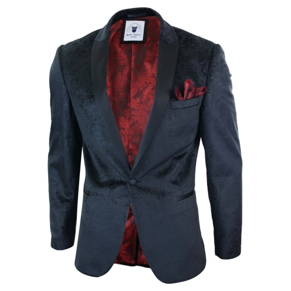 Marc Darcy Simon Mens Velvet Paisley Black Fit Blazer Tuxedo Dinner Jacket Smart Casual