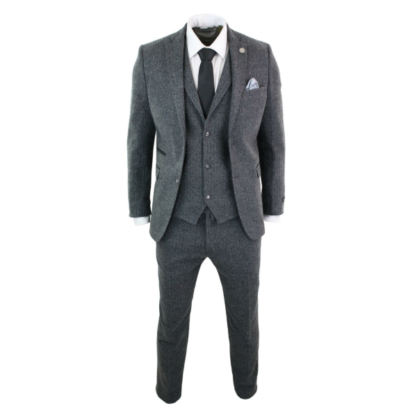 Men's Charcoal Grey 3 Piece Tweed Herringbone Suit - STZ11