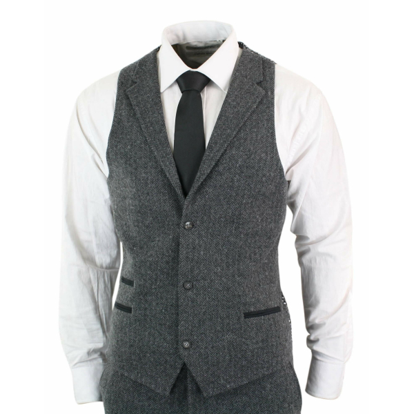 Men's Charcoal Grey 3 Piece Tweed Herringbone Suit - STZ11